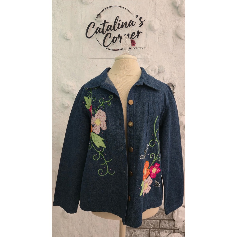Floral Embroidered Denim Jacket Blue Bee Botanical Sequin Jean Jacket Size M